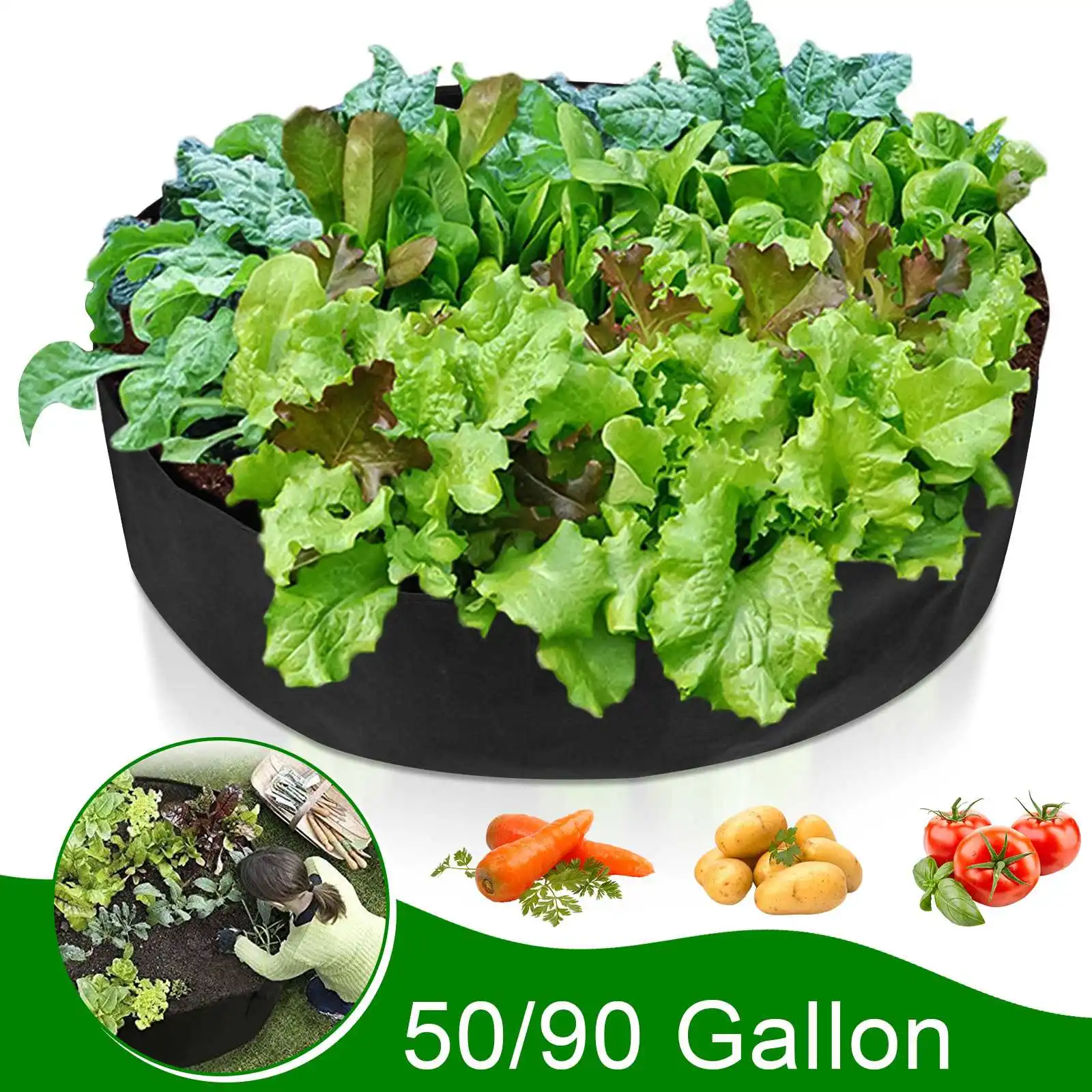 

50/100 Gallon Garden Bed Round Planting Container Fabric Plant Pot Raised Grow Bags Breathable Felt Fabric Planter Nursery Pot