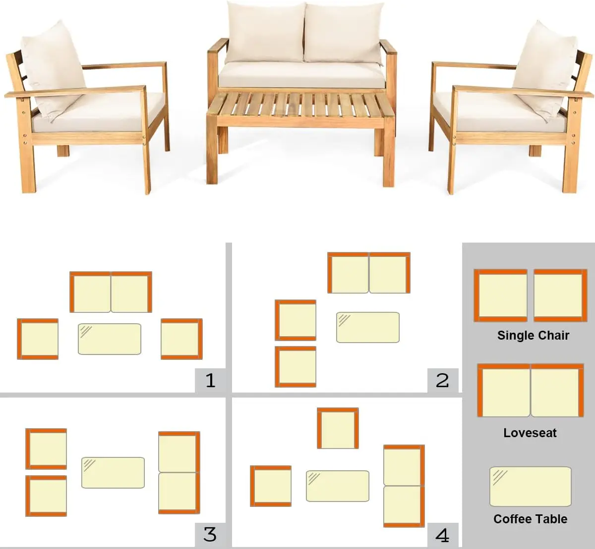 Conjunto de móveis ao ar livre, mesa de madeira com almofadas, cadeiras acácia e mesa de café, 4 pcs