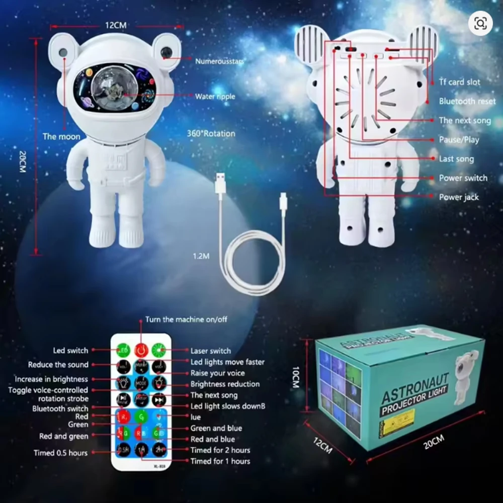 USB Bluetooth Astronaut Sternenlicht-Projektor LED Schlafzimmer Ambiente Nachtlicht Aurora Mond Astronaut Bluetooth-Lautsprecher
