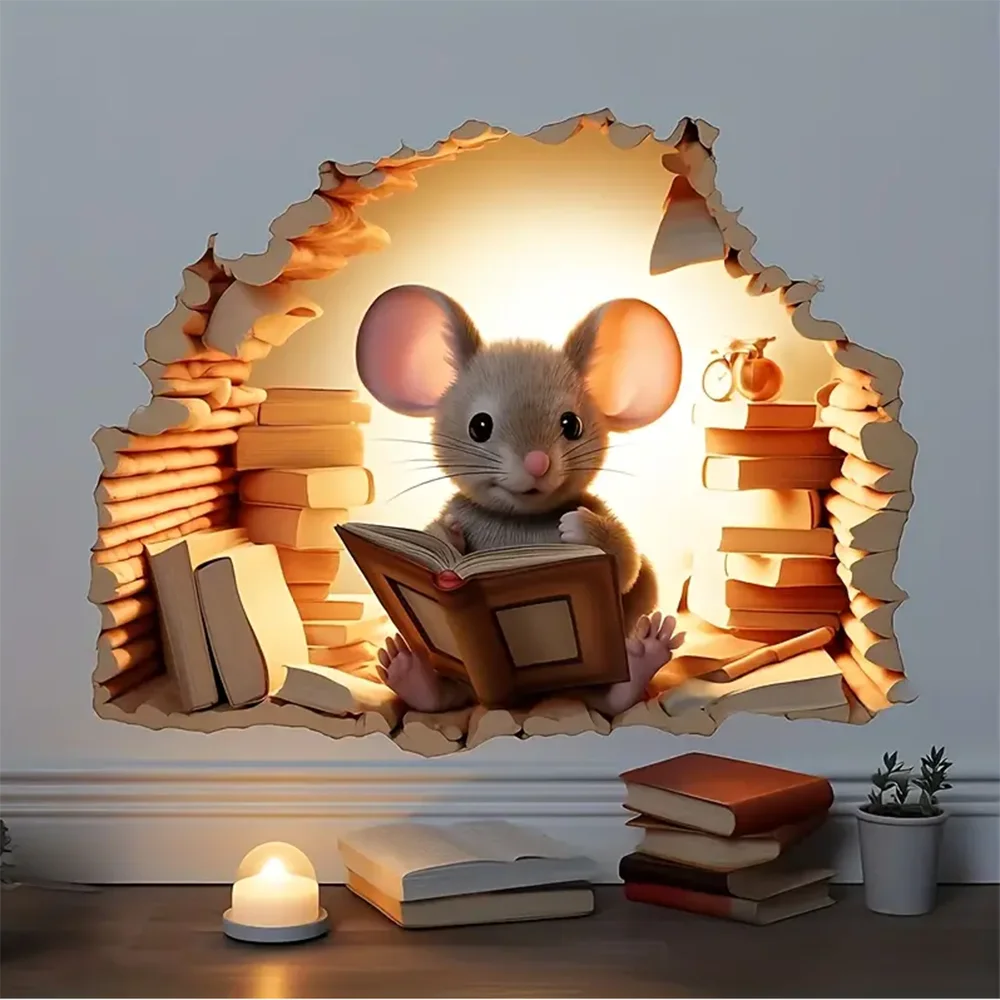 Cute Peek A Boo Mouse Reading  Wall Sticker Decal Mice Mouse Hole Adorable Wall Decor for Baseboards Playful Living Room