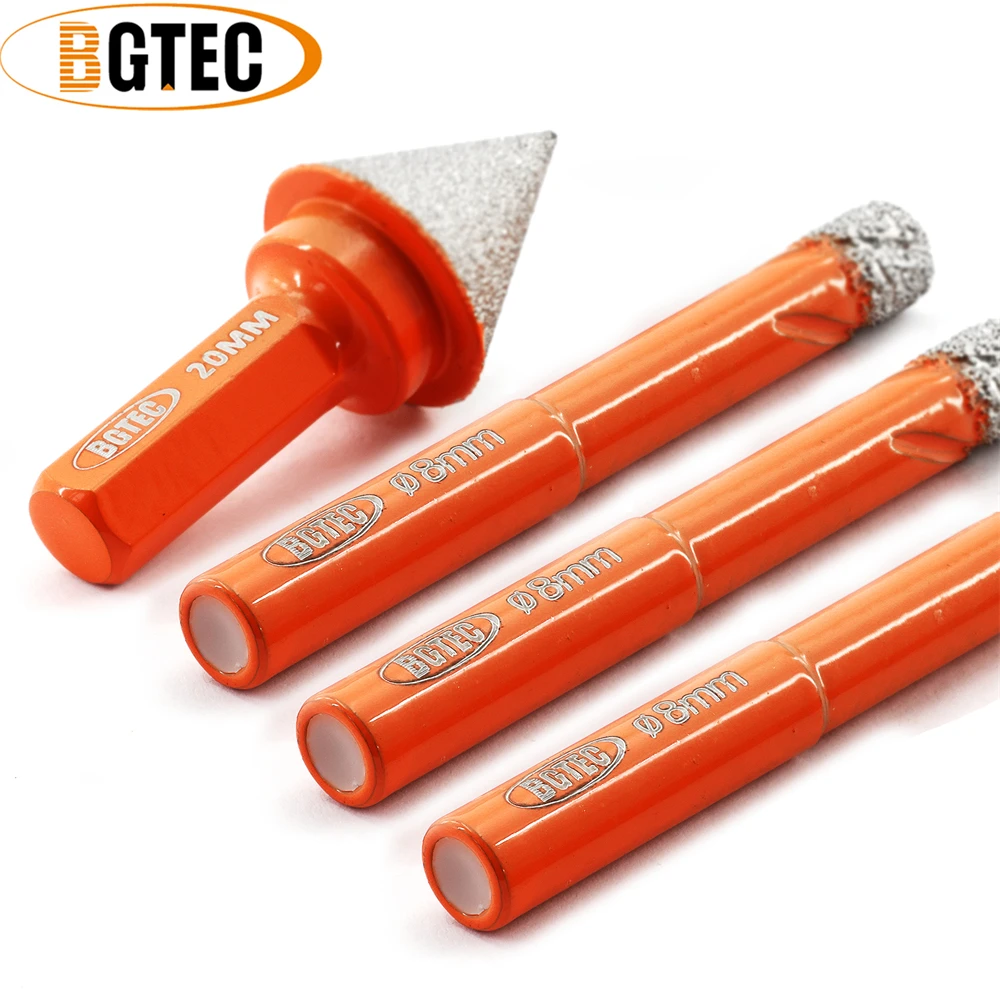 BGTEC 4pcs Diamond Drill Bits Diamond Chamfer Set Box Drilling Bevelling Tile Marble Round Shank Milling Porcelain Hole Opener