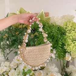 Bohemian Pearls Straw Bag Conch Starfish Women Handbags Half Moon BeachNew In Papyrus Woven Chain Beaded Trim Shoulder Bag