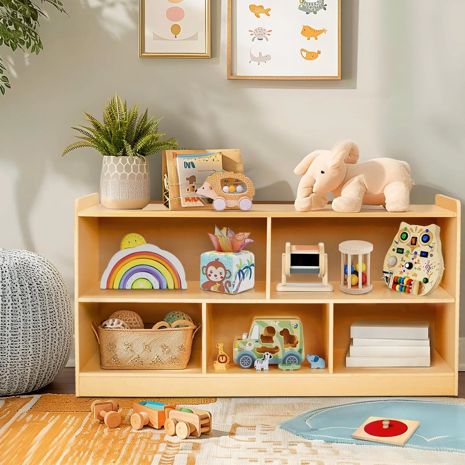 Wooden Toy Storage Organizer for Books Toys, 2 Shelf Bookcase, 5-Section Storage Cabinet, Toddler Book Shelf for Kids Room