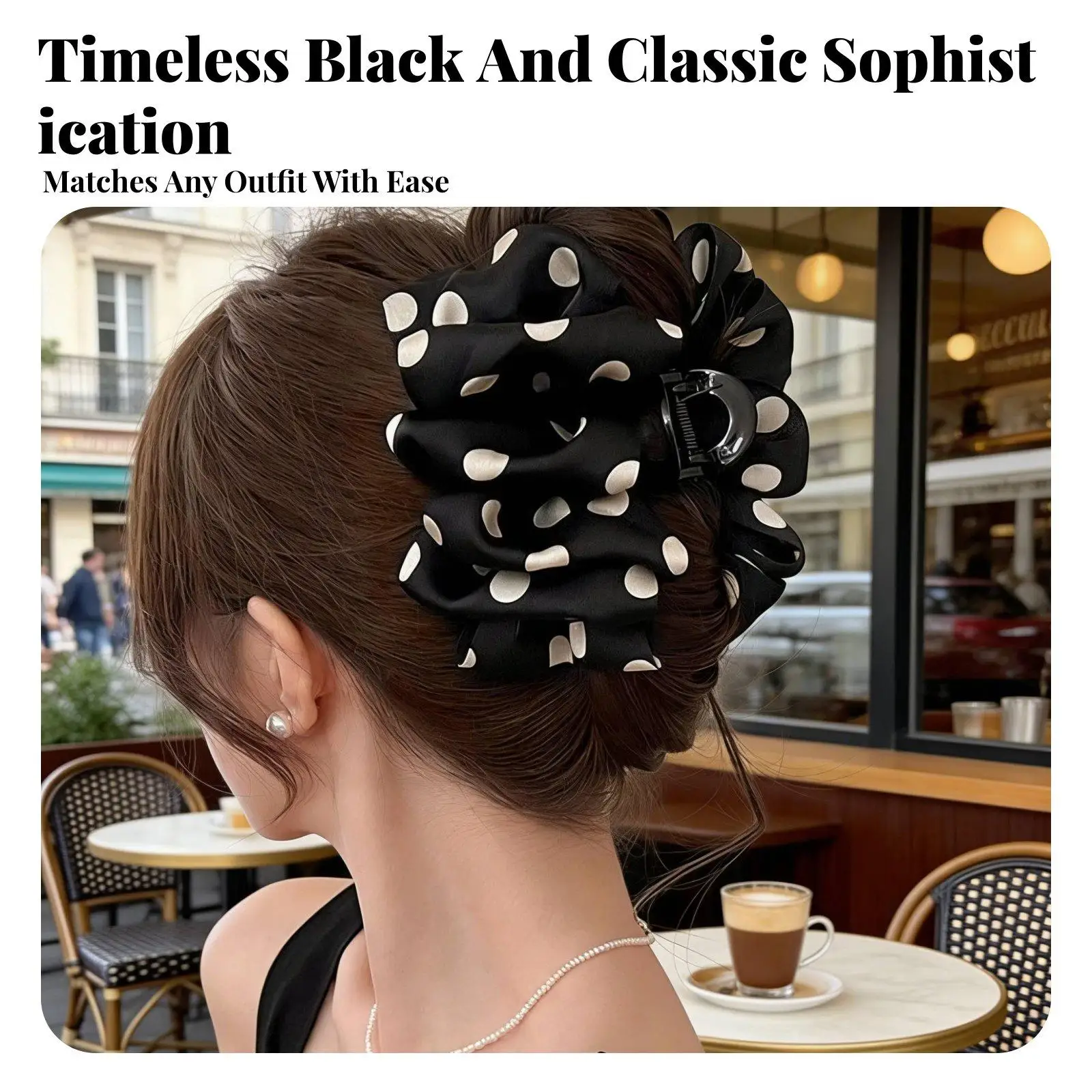 Classic French Bow Hair Claw Clip for Women with Polka Dot Pattern Soft Satin Fabric Hair Accessory
