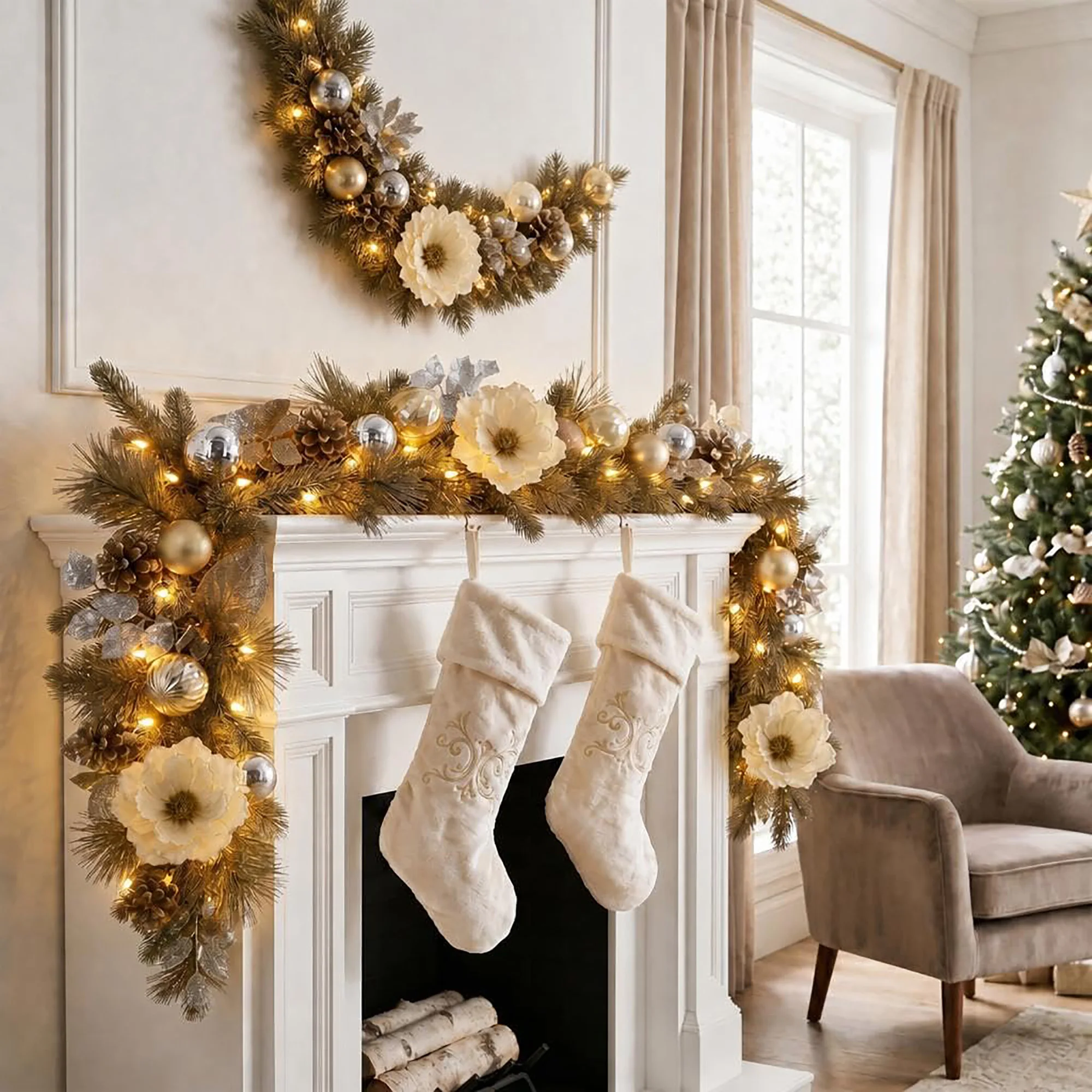6ft Pre-Lit Christmas Garland With 20 Battery Led Lights, 8 Modes Timer, Gold Silver Ball Ornaments For Mantel Stairs Fireplace Decor