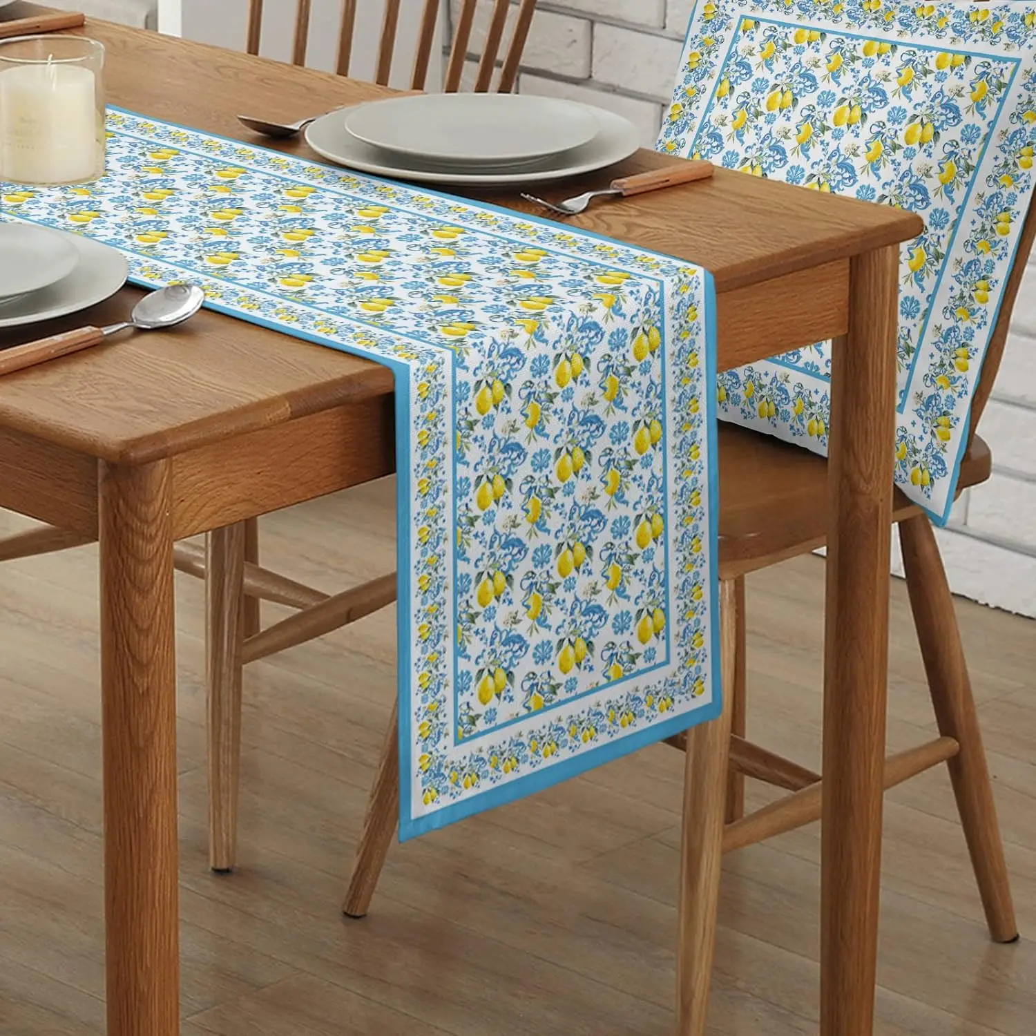 Summer Lemon Blue Yellow Linen Table Runner Dresser Scarves Reusable Kitchen Dining Table Runner Holiday Party Decorations