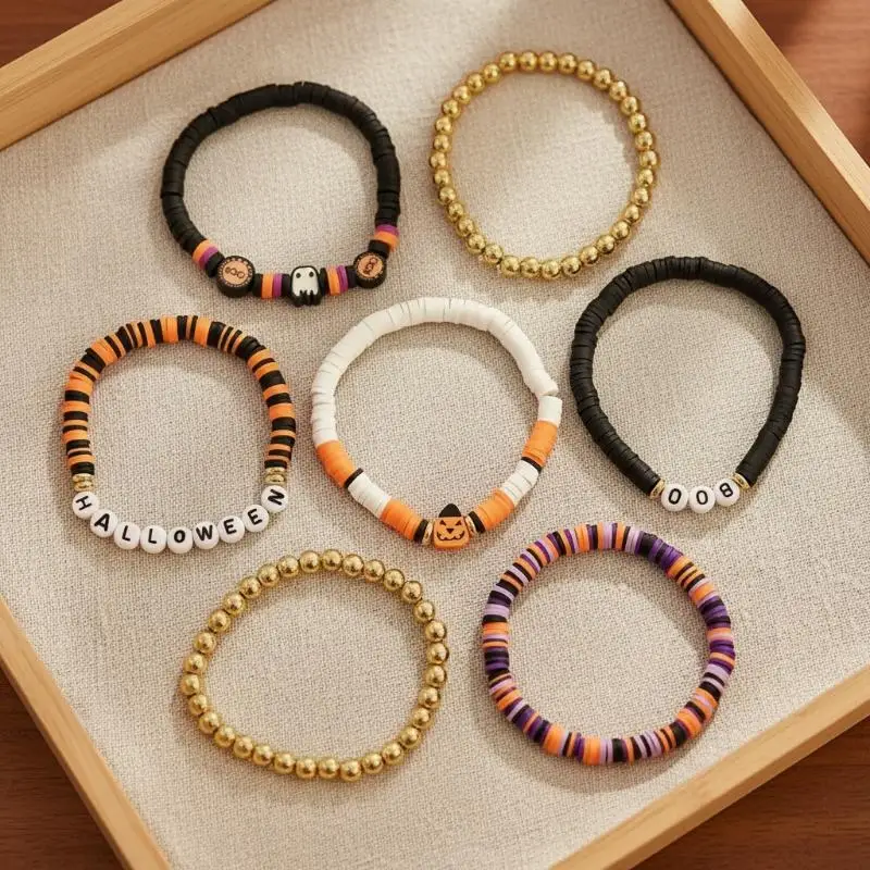Pumpkin Ghost Charm Beaded Bracelet 7Pcs Set Halloween Stackable Fashion Jewelry Gift for Women Teen Girls Party Wear