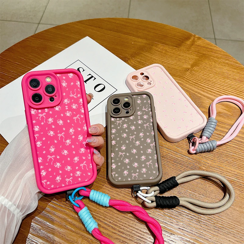 Rose Flower Bowknot Silicone Lanyard Rope Case For Xiaomi Redmi 12 13C Redmi Note 13 12 Pro Plus 5G 13 12S 11S 11 10S 10 Cover