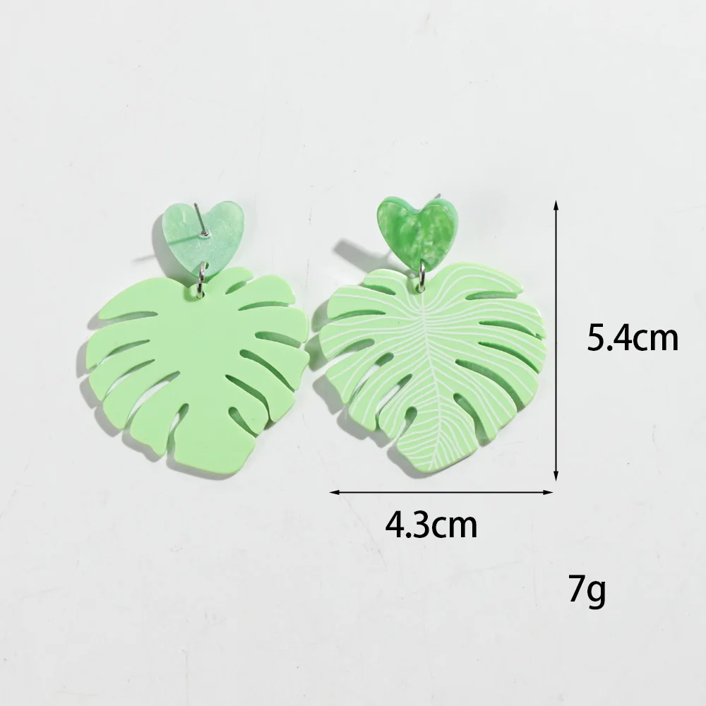 Cute Macaron Color Monstera Leaf Acrylic Drop Earrings Pink Green Leaves Heart Pendant Earring for Women Party Jewelry Gifts