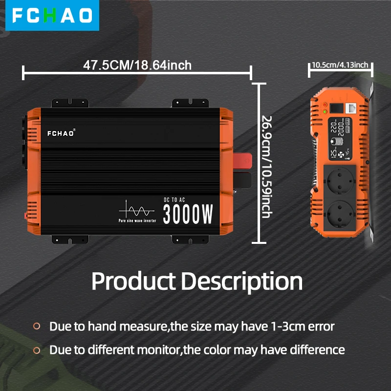 Imagem -04 - Fchao-inversor de Onda Senoidal Pura com Display Lcd Painel Solar rv Móvel Transformador de Veículo 3000w 50hz 60hz 24v 12v 220v 230v