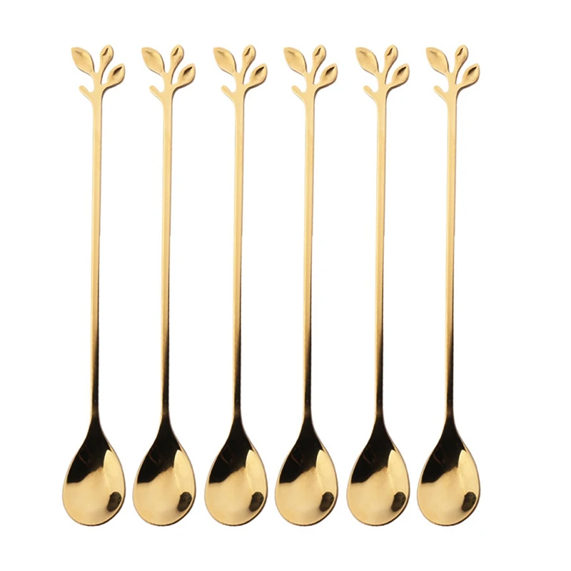 6PCS/Set Long Handled Stainless Steel Creative Gold Silver Color Leaf Spoon Dessert Coffee Stirring Spoon Dinnerware