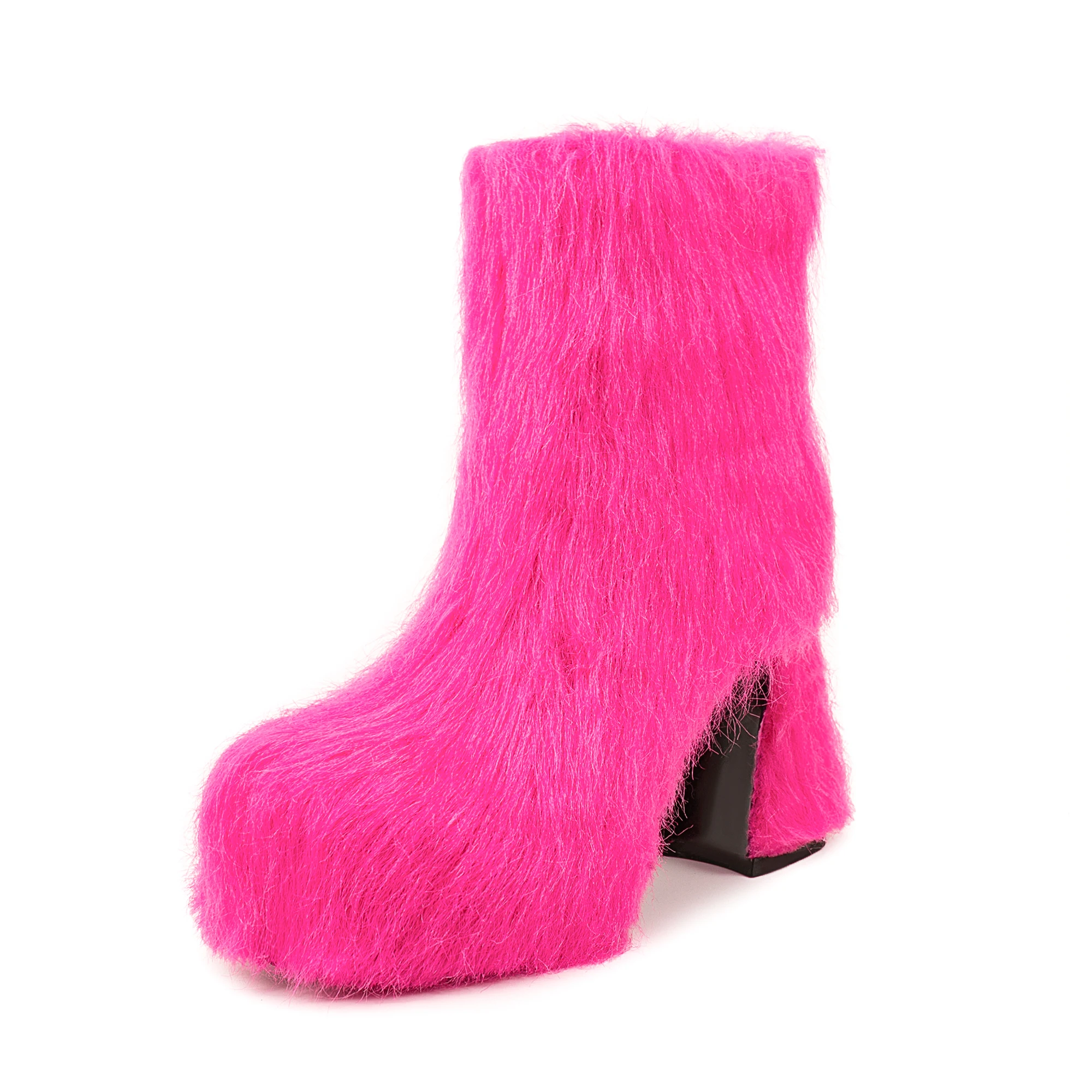 

2025 Winter Thick Knee High Heel Medium 7cm Fur Boots Warm Teddy Fur Boots Platform High Heels