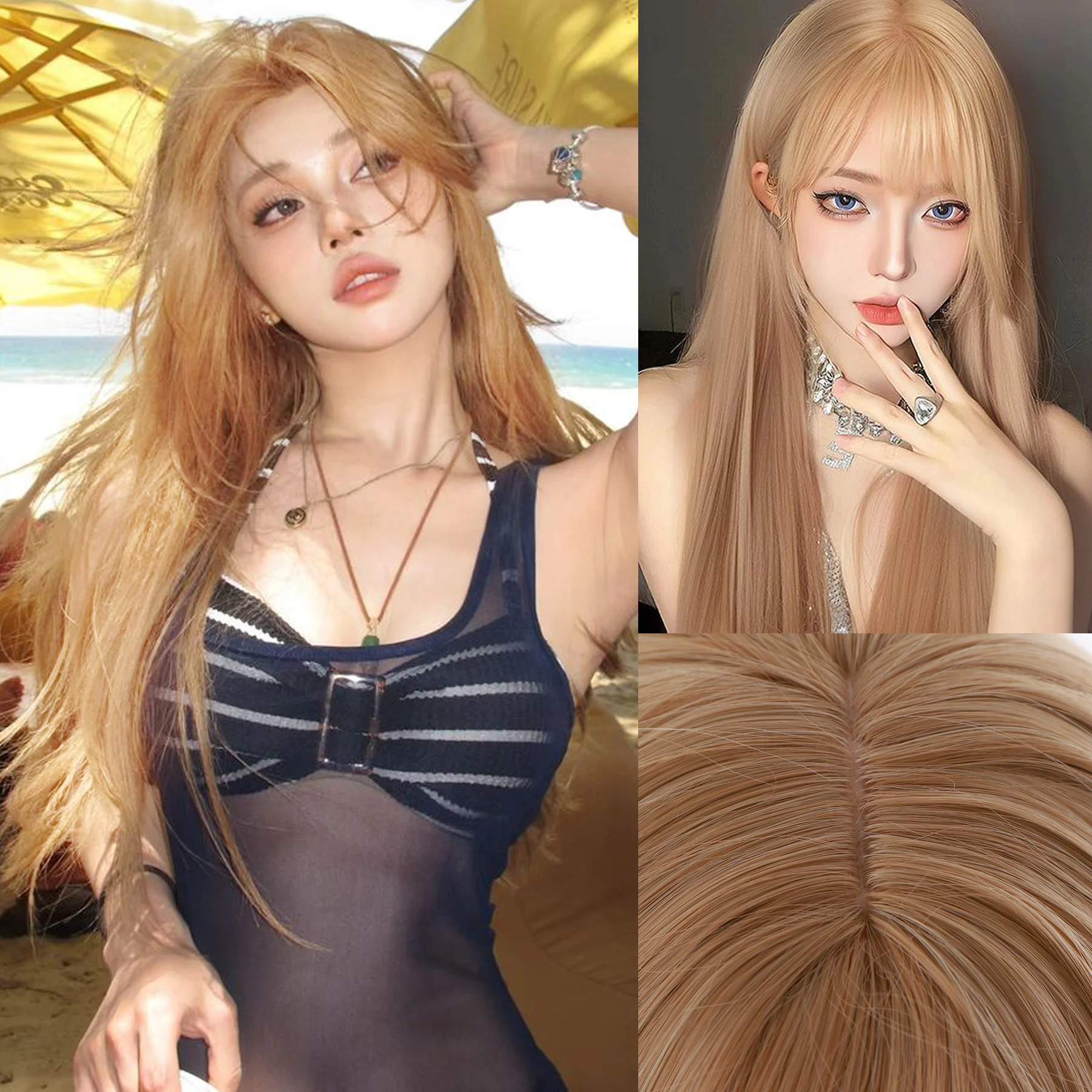 

golden Synthetic Wig Fluffy Natural Fringe Waist-Length Straight Hair Women Cosplay Daily Use Of Heat-Resistant Full Head Cover