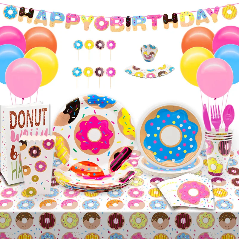 

Doughnut Theme Party Disposable Tableware Plate Cup Baby Shower Kids Favor Birthday Decor Donut Cupcake Topper Ice Cream Balloon