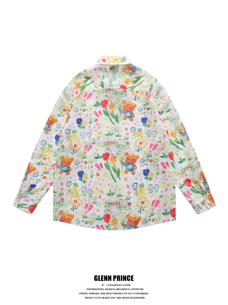 Cute Bear Flower Print Long Sleeve Men's Shirt Spring Season Casual Style Polyester Fiber Durable No Iron Treatment Loose Fit