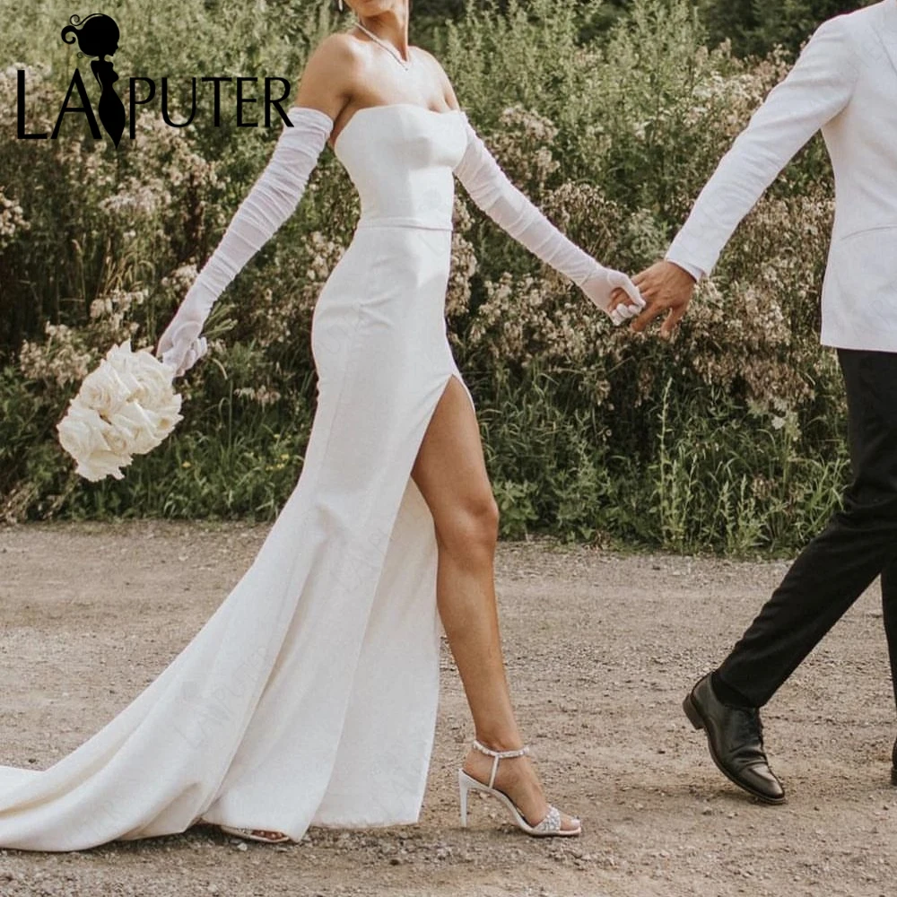 Vestido de novia de sirena de crepé blanco, hombros descubiertos, espalda en V, Simple, liso, tren de barrido abierto, nuevo diseño