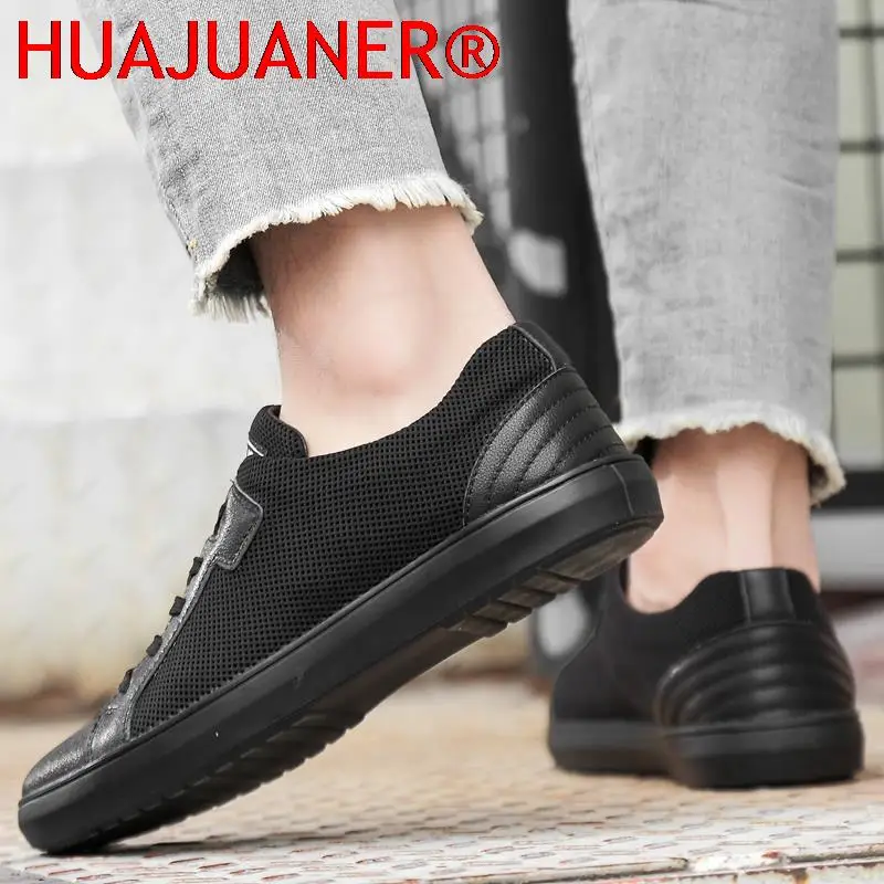 Genuine Leather Sneakers Men Casual Shoes High Quality Mesh Breathable Footwear Handmade Lace-up Antiskid Summer Black Sneakers