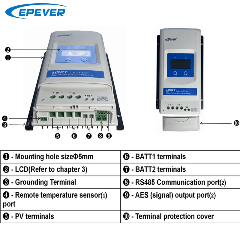 Imagem -03 - Epever Duoracer Mppt 10a 20a 30a Carregador Solar e Controlador de Descarregador 12v 24v Regulador de Bateria Dupla Automóvel para rv Camper Barco