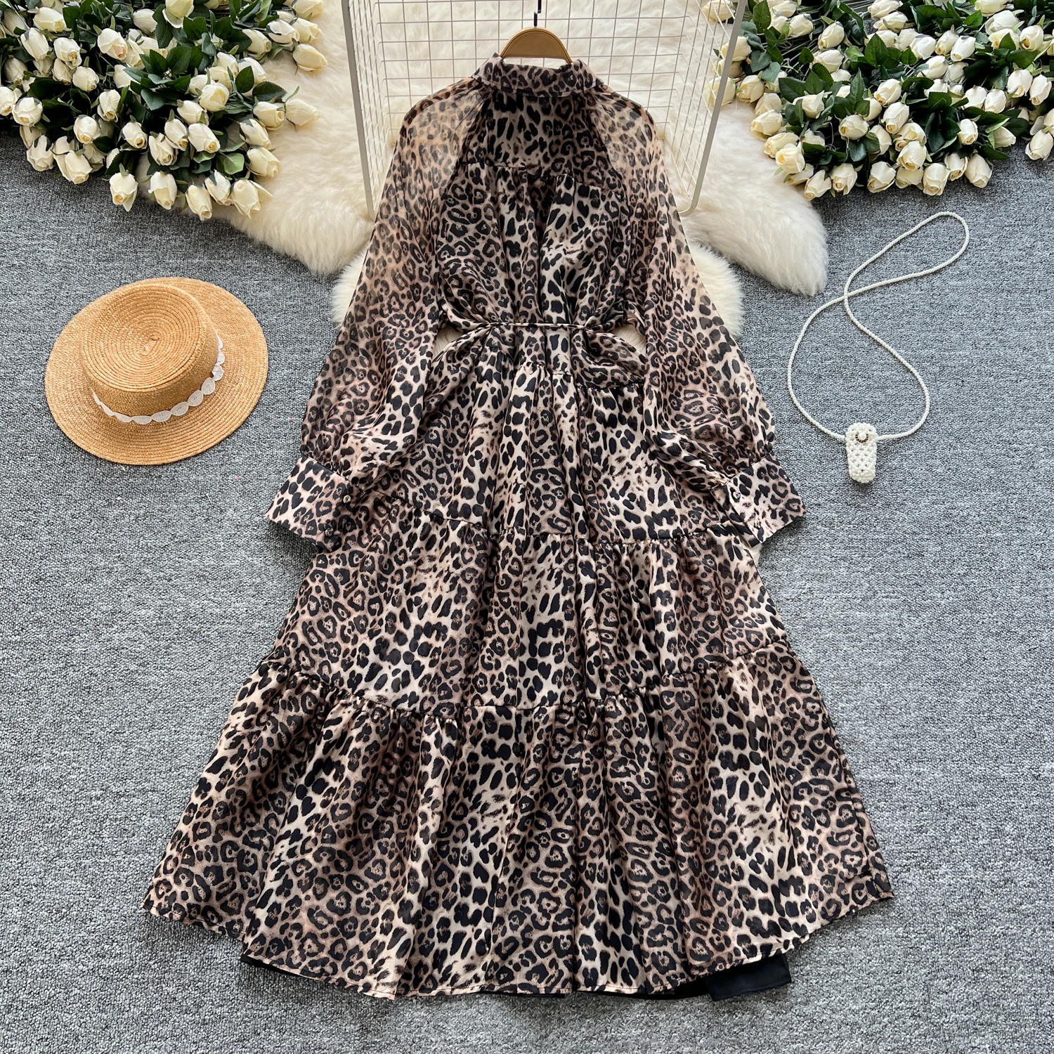 Elegant Long Sleeves Vintage Polo-neck Chic Leopard Single Breasted Mesh Slim Dresses Evening High Street Autumn Winter Clothing