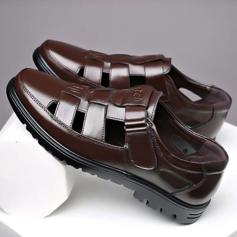 

Men Leather Sandals Baotou New Genuine Man's Leather Shoes Breathable Hollow Porous Men's Shoes Soft Bottom Man Leather Sandals