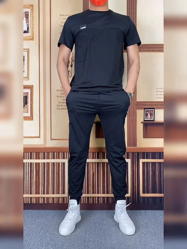 

Summer New Men's Ice Silk Milk Silk Print Slim Fit T-irt Capri Pants Air Conditioning Two-Piece Set ort Sve Casual Spo...