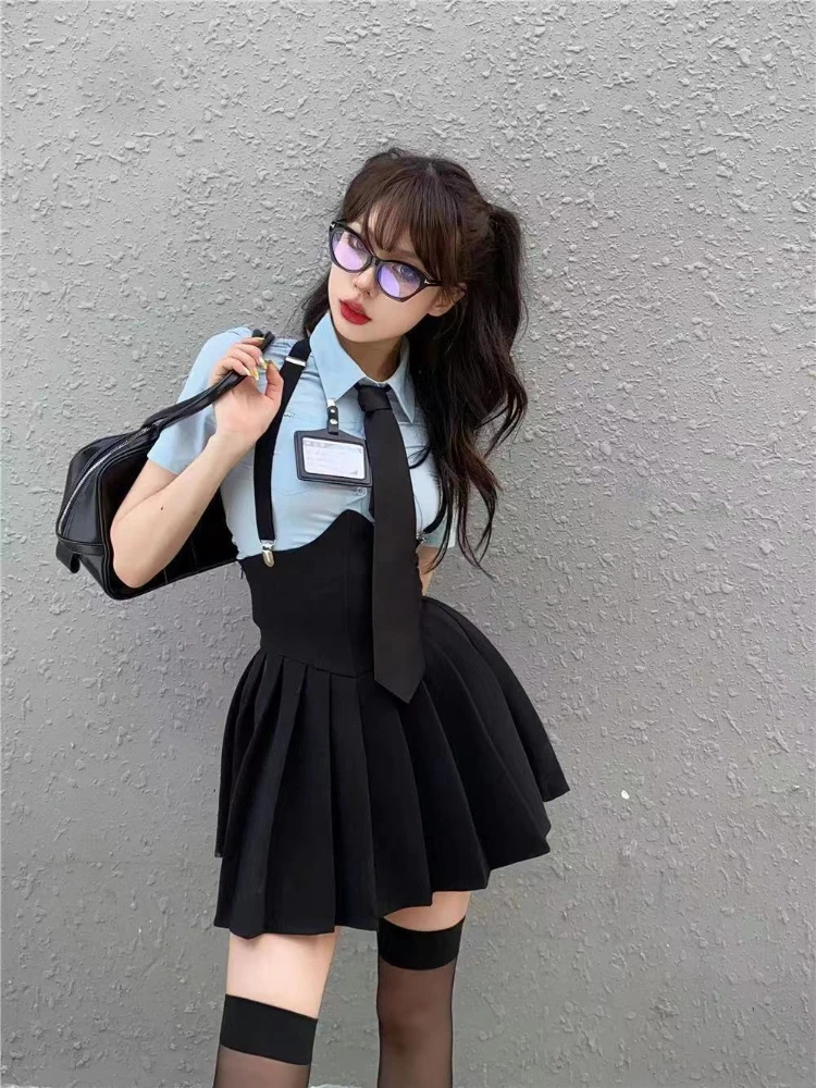 Preppy Style Womens Two Piece Sets Shirt Sexy Outfit High Waist Corset Strap Pleated Skirt Vintage School Uniform Suit Summer