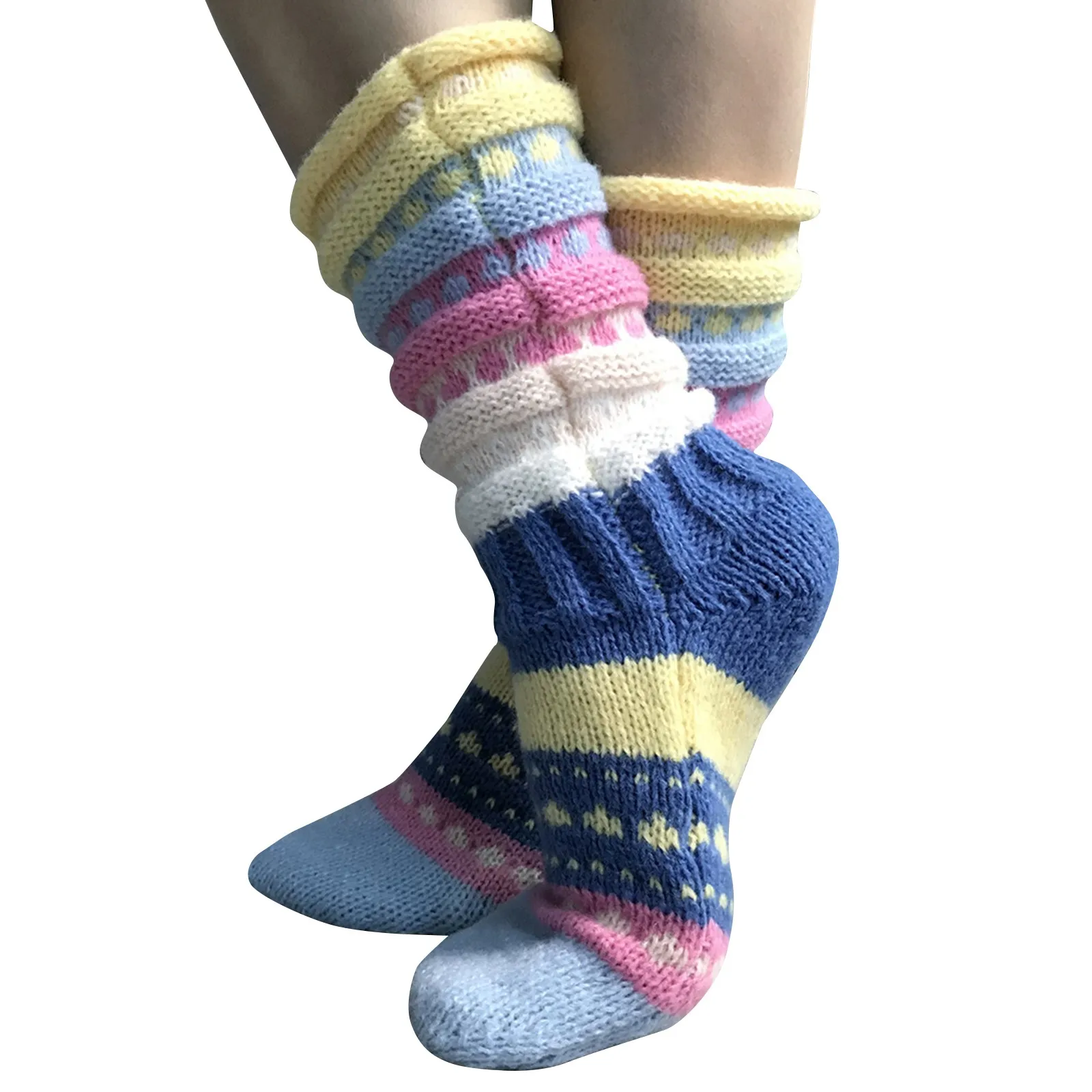 Colorful Striped Vintage Socks Thick Thread Knitted Trendy Leisure Versatile Pile Up Middle Tube Socks Warm Soft Cozy Socks