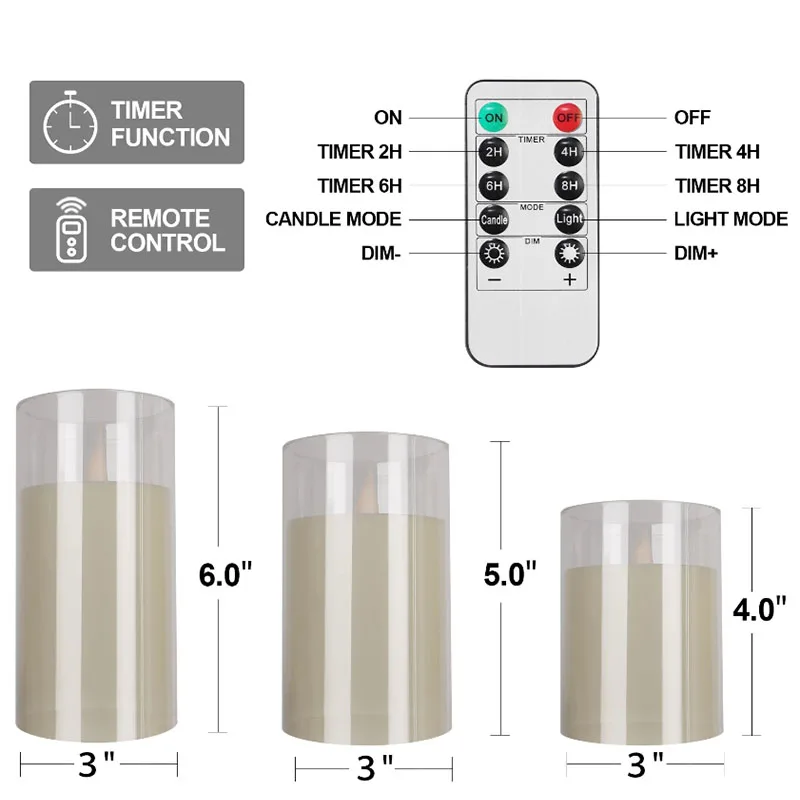 3Pcs LED Flameless Candles Light Simulation Acrylic Candle Wedding Romantic Candle Lamp with Remote Party Christmas Home Decor