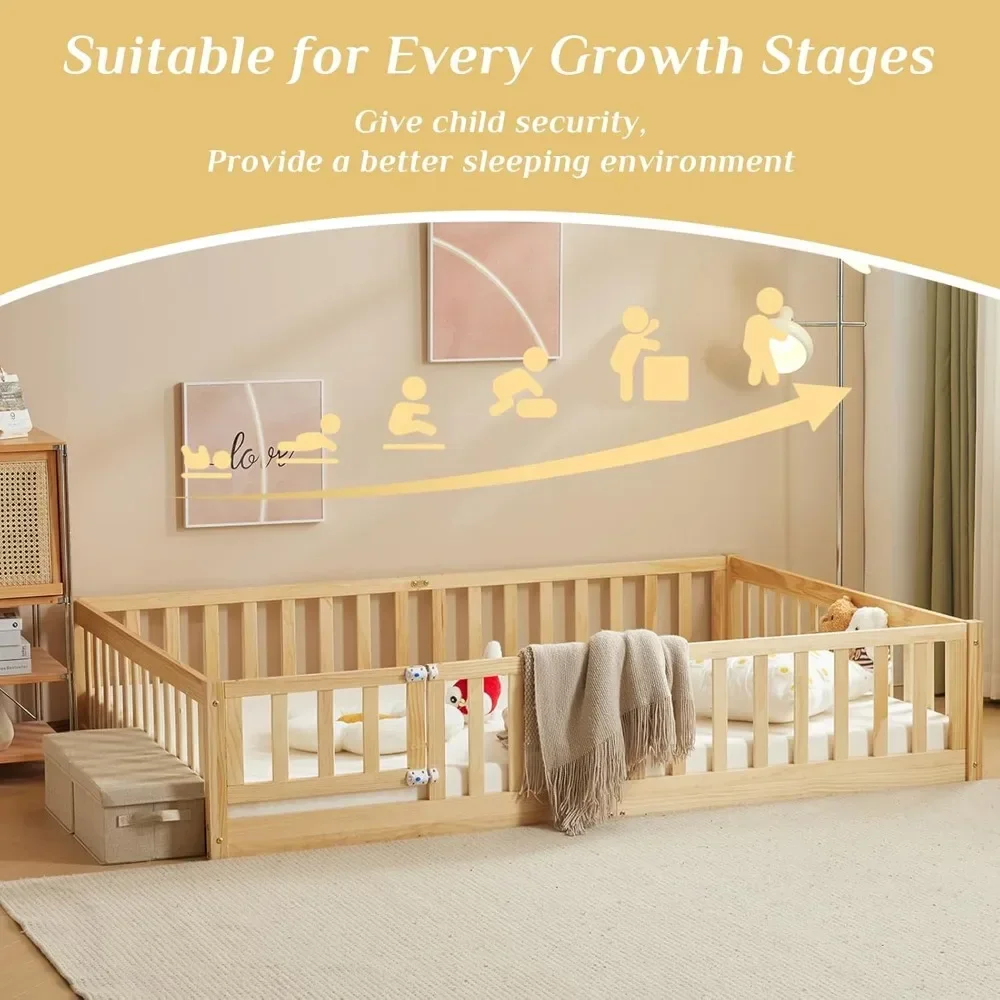 home Toddler Floor Bed with Door and Fence for Kids, Montessori Bed with 12 Slats and Safety Guardrails, Kids Bed Solid Wood