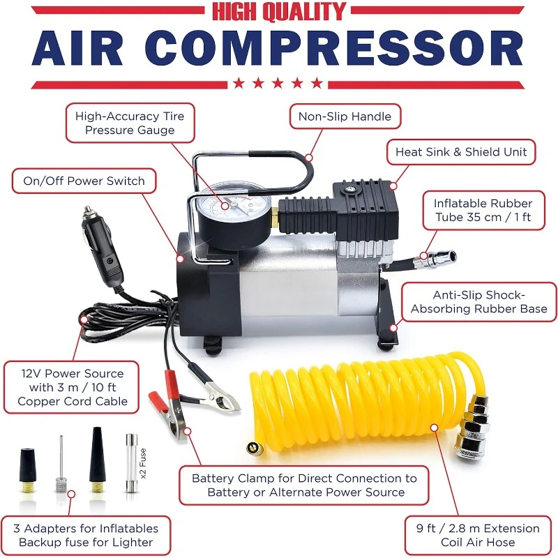 12V DC Best Air Compressor Tire Inflator with Gauge, 150 PSI Portable Air Pump for Car Tires, Trucks & Inflatables