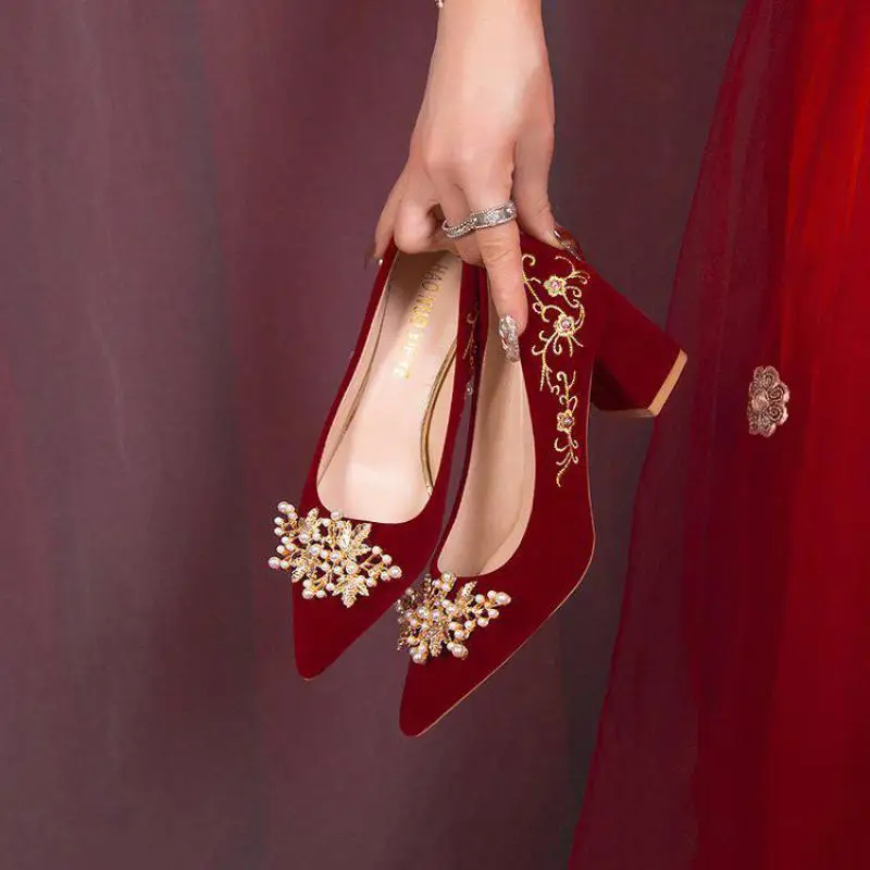 34-40 Women High Heels Pumps Spring Autumn Ladies Platform Wedding Shoes Female Chunky Pointed Toe Chinese Style Red Zapatos Y51