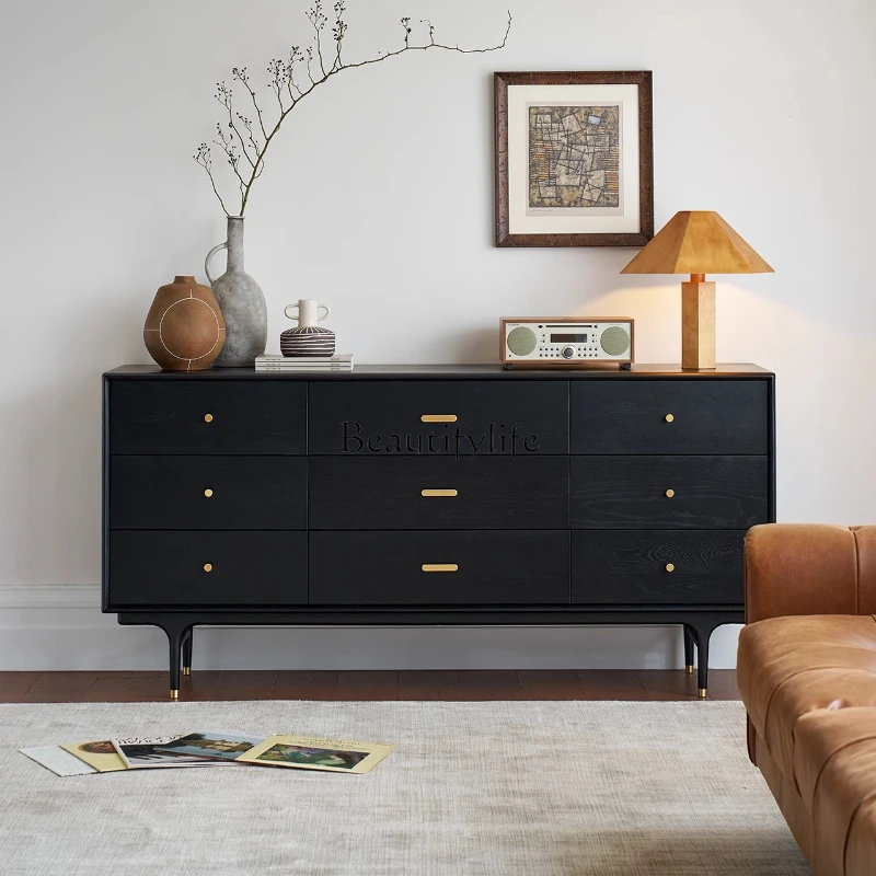 

Nordic retro black all-solid wood oak chest cabinet small apartment drawer storage cabinet