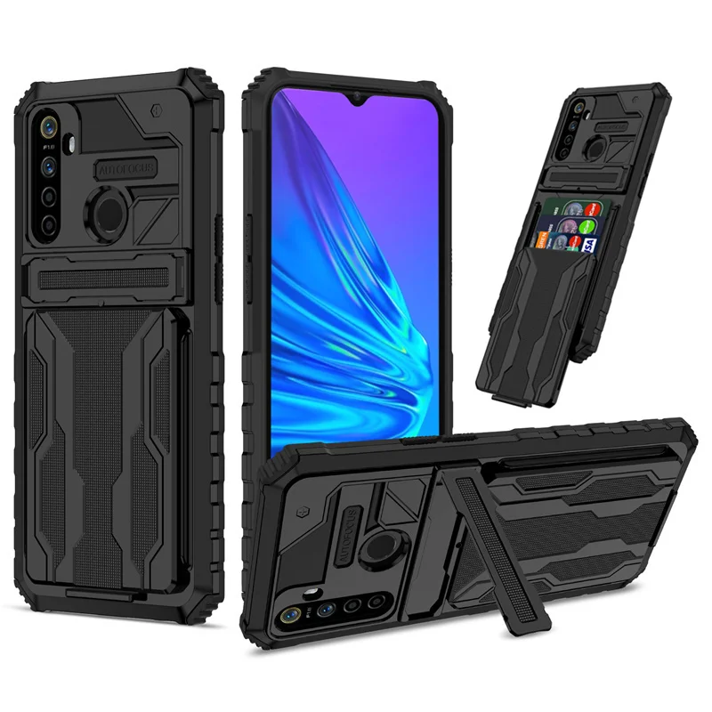 For OPPO Realme 5 5i 6i Shockproof Armor Bumper Silicone Phone Case For OPPO Realme C3 Card Slot Bracket Stand Holder Back Cover