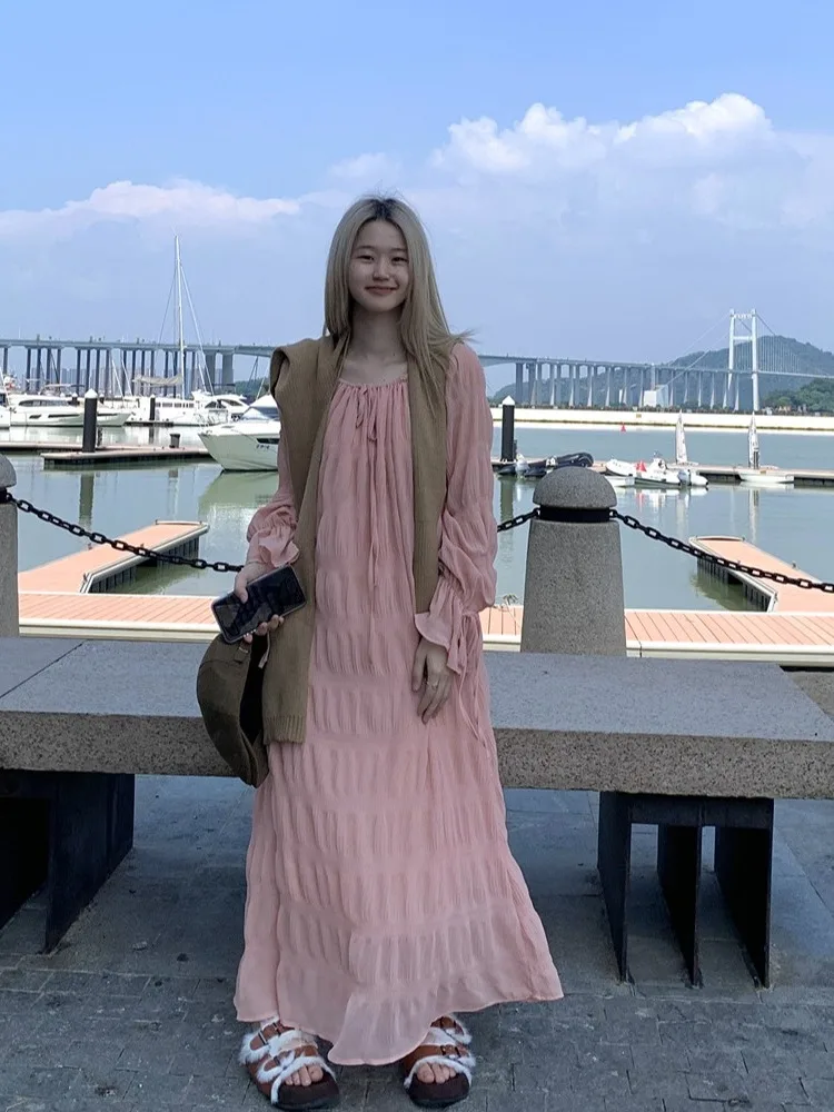 

plus Size Women's Pink Long Sleeve Dress with Belt round Neck A-Line Skirt Loose Hollow out Commuter Style Korean Version