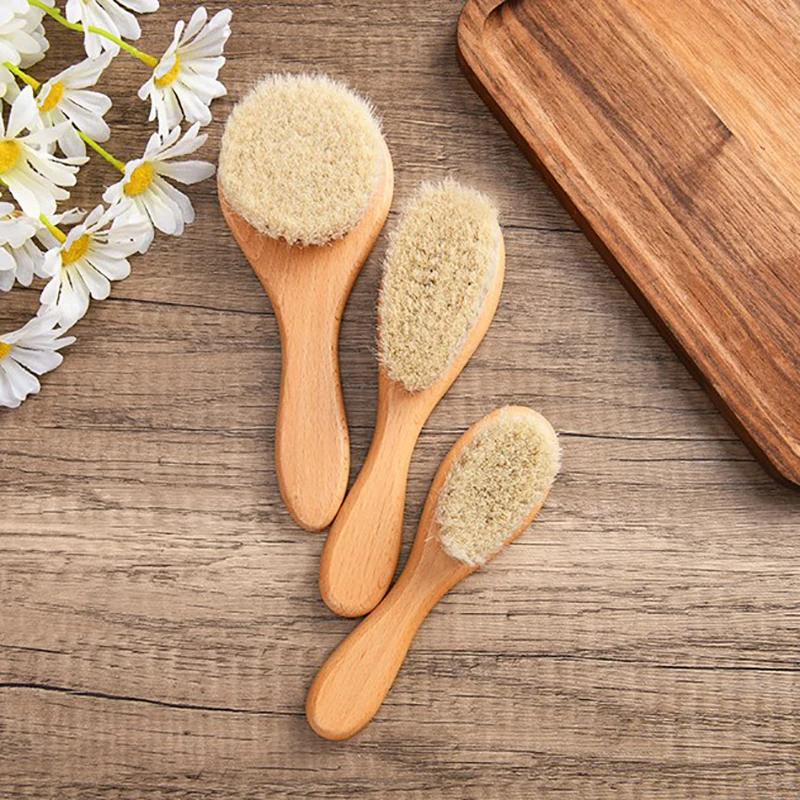 Cepillo con mango de madera para bebé, cepillo de pelo para recién nacido, peine infantil, masajeador de cabeza