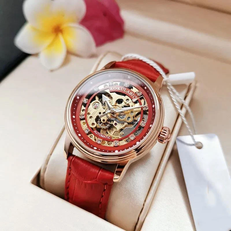 Ladies Hollow Diamond Automatic Mechanical Watch Luminous 30m Water Resistant Genuine Leather Strap Screw Crown Simple Watch