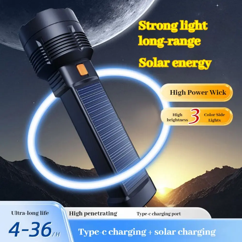 Solar Powered LED Flashlight  COB Side Light  USB Rechargeable  Spotlight for Camping Hiking Fishing