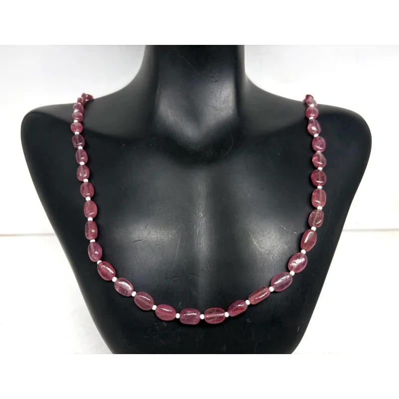 

Elegant Ruby and Pearl Necklace 20” Oval Smooth 8–10mm Beads Sterling Silver