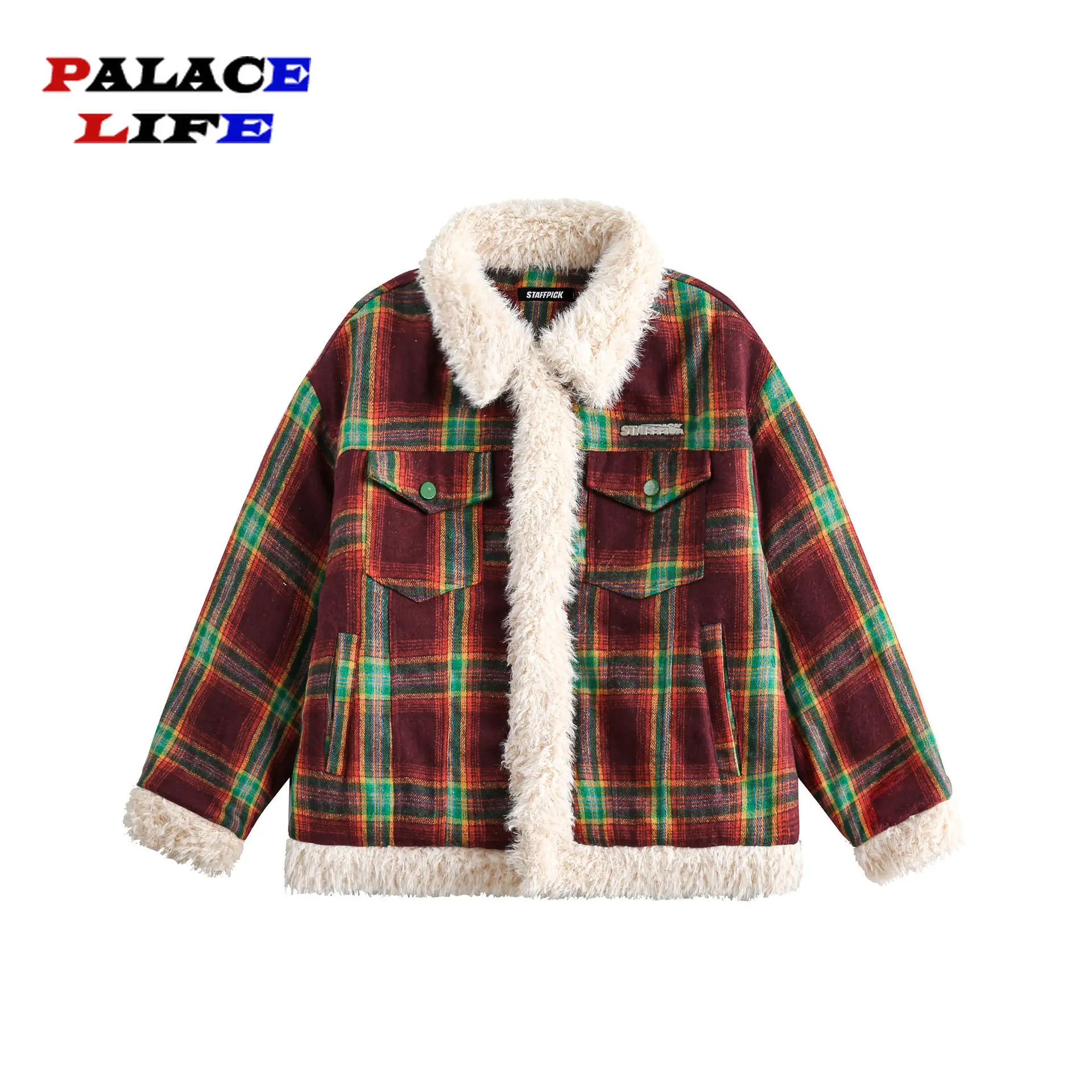 

American Retro Plaid Wool Jacket Winter Parkas Men Patchwork Harajuku Thicken Coat Fashion Casual Loose Parka Couples Streetwear