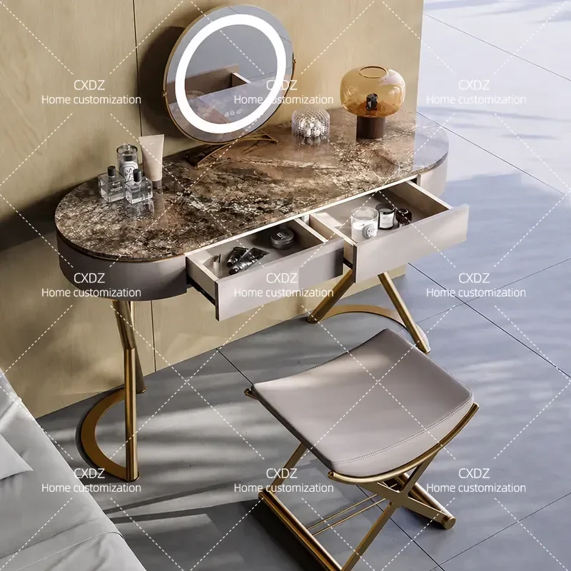 Modern Italian Luxury Dresser with Rock Slab Top Makeup Table Integrated Storage Cabinet for Small Apartment Bedroom