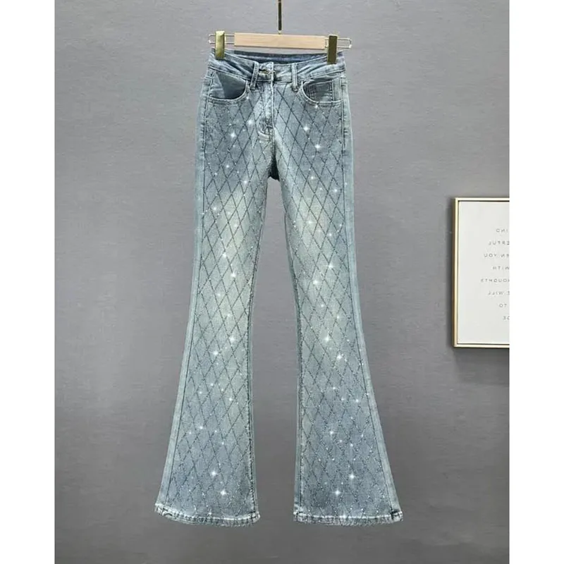 Slim-Fit Denim Micro Flared Pants Female Tide New Fashion Elastic High Waist Rhinestone Button Zipper Temperament Joker Pants