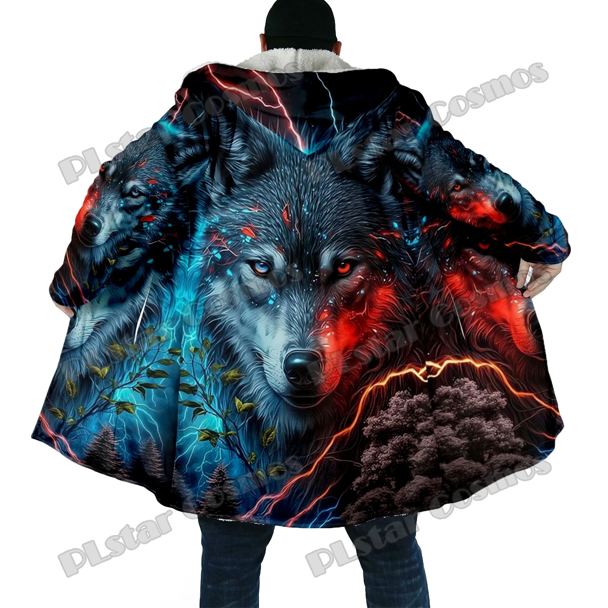 Winter Fashion Men's cloak Animal Wolf Pattern 3D All Over Printed Thick Fleece Hooded Cloak Unisex Casual Warm Cape Coat BB54