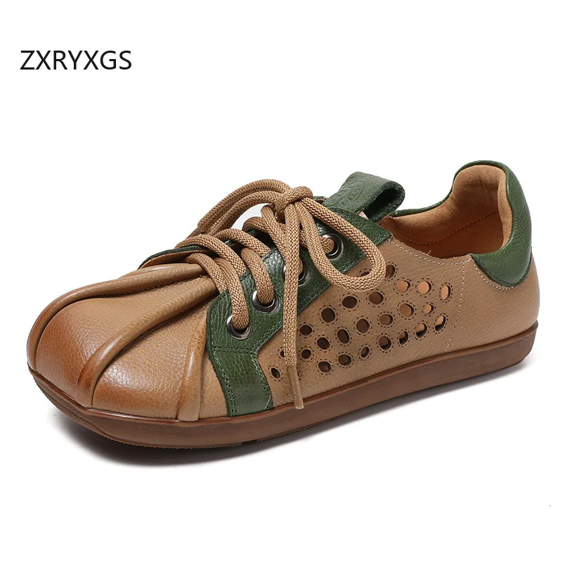 ZXRYXGS New Trendy Spell Color Full Genuine Leather Shoes Flat Vasual Sandals 2025 Lace-up Hollow Breathable Sandals Women Flats