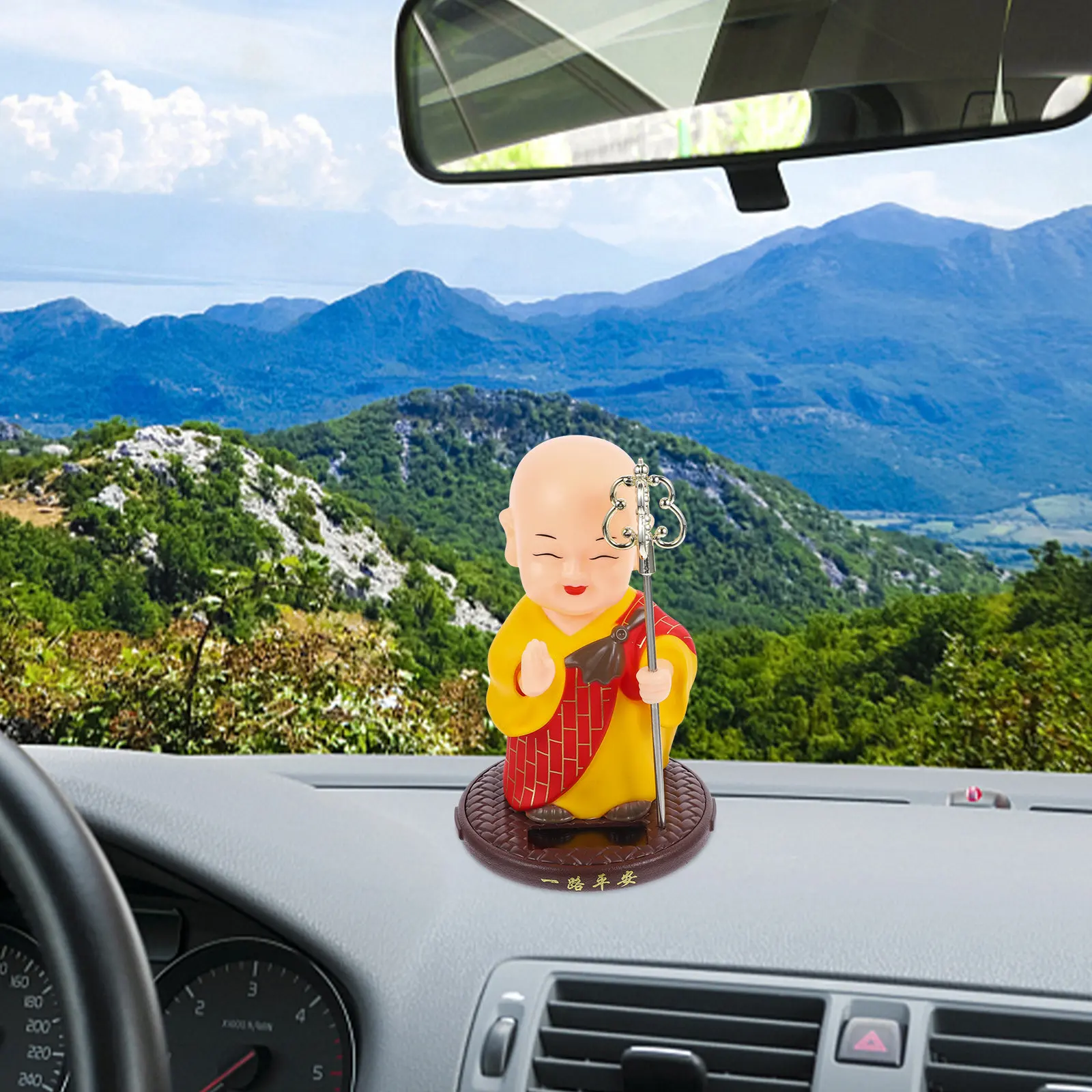 Solar Powered Shaking Head Monk Ornament ABS Car Dashboard Decor Zen Lucky Car Interior Decoration Gift Monk Statue