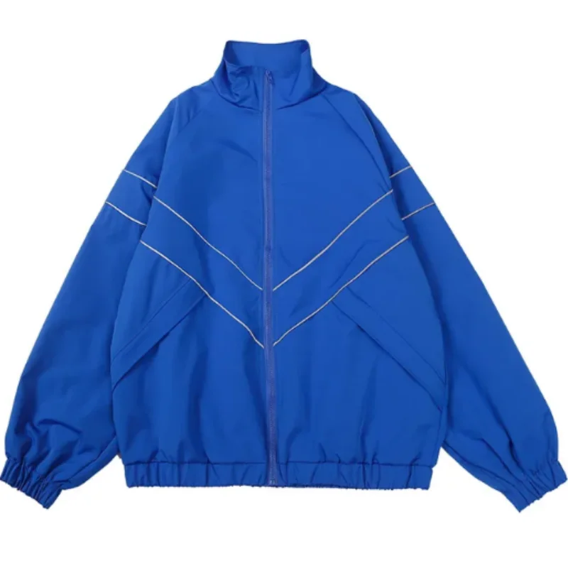 

American Retro Casual Men Sports Jacket Klein Blue Windproof Couple Assault Jacket Invisible Pocket Reflective Baseball Jacket