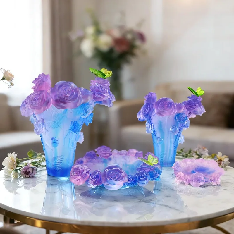 Handmade Round Crystal Vase Embossed Rose Butterfly 25/35cm Elegant Decor for Home Interior Gift Floral Arrangement Ornament