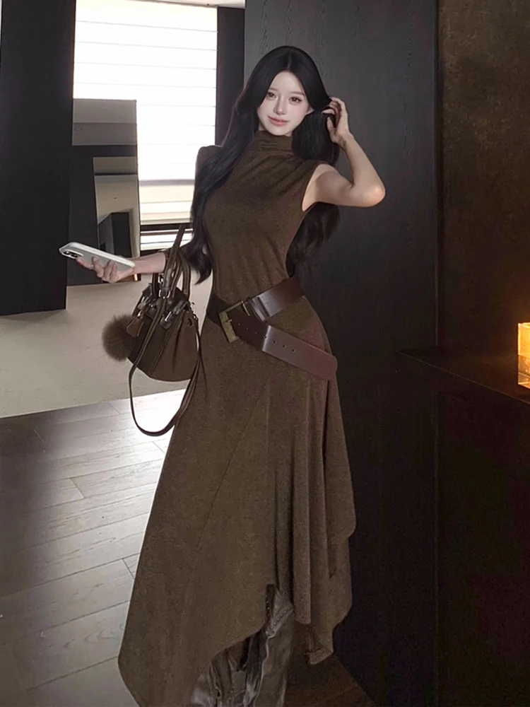 REDDACHiC Sukienka damska typu tank z nieregularnym patchworkiem, koreańska, gładka, codzienna, luźna, z golfem, midi, długa, z falbanami, modna odzież jesienna