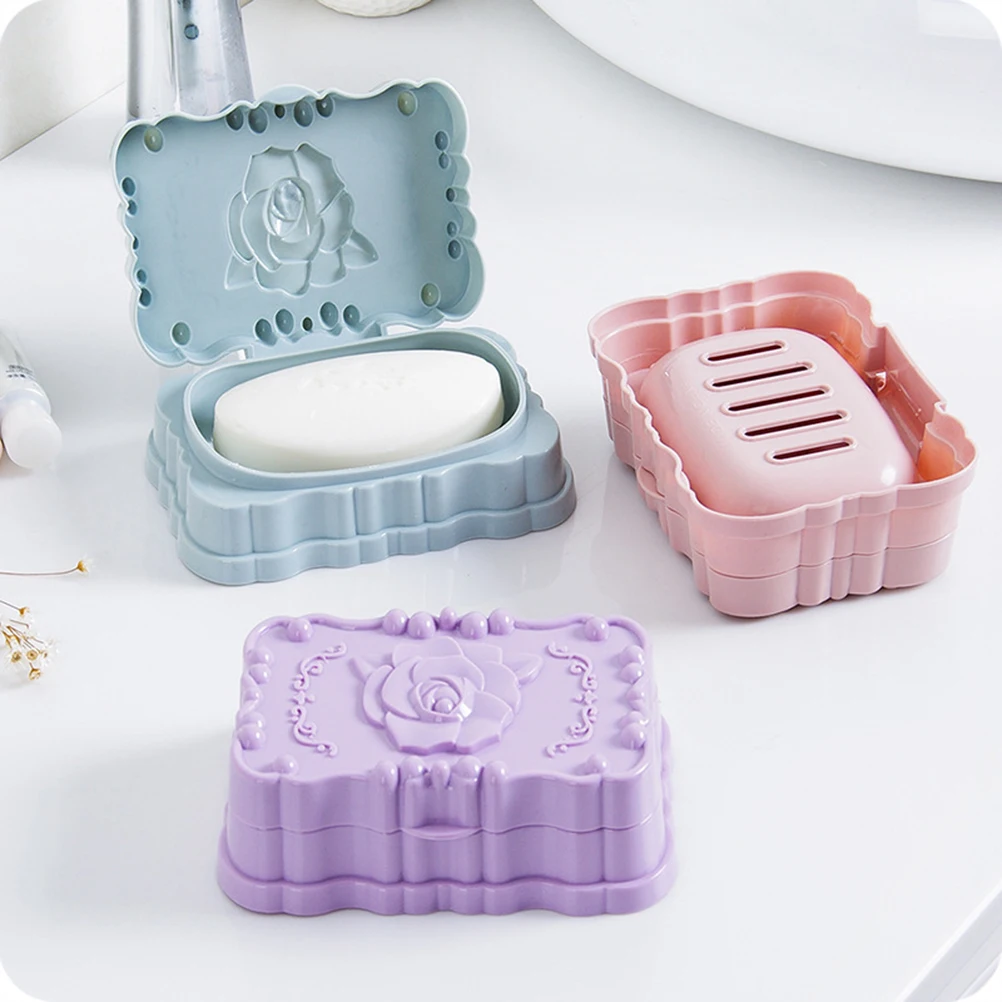 Waterproof Soap Box Sky-Blue Plastic Rose Pattern Drain Rack Storage Container For Bathroom Home Hotel Use Soap Saver