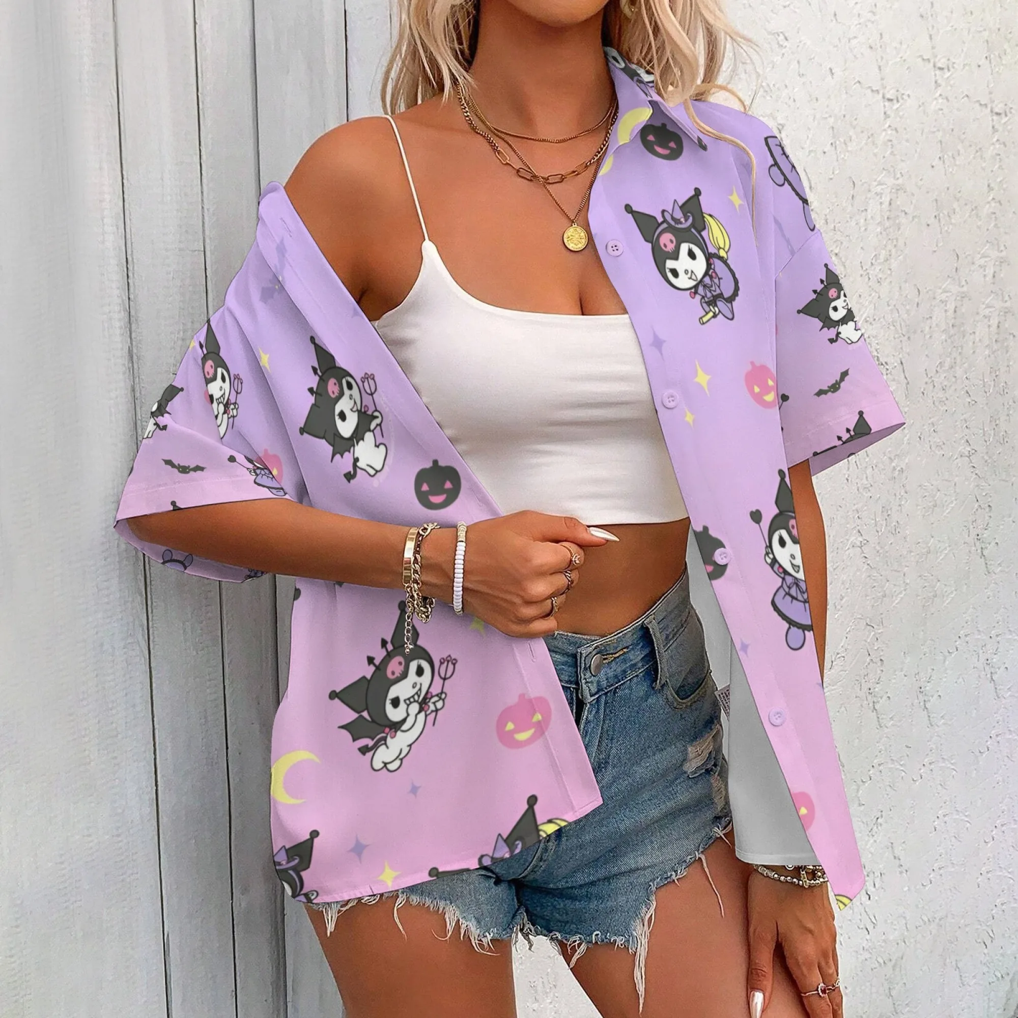 Kemeja Kuromi Huruf Kemeja Kuromi Lengan Panjang Atasan Uniseks Wanita Ulasan Korea Banyak Pakaian Kaus Besar Pakaian Wanita Y2k