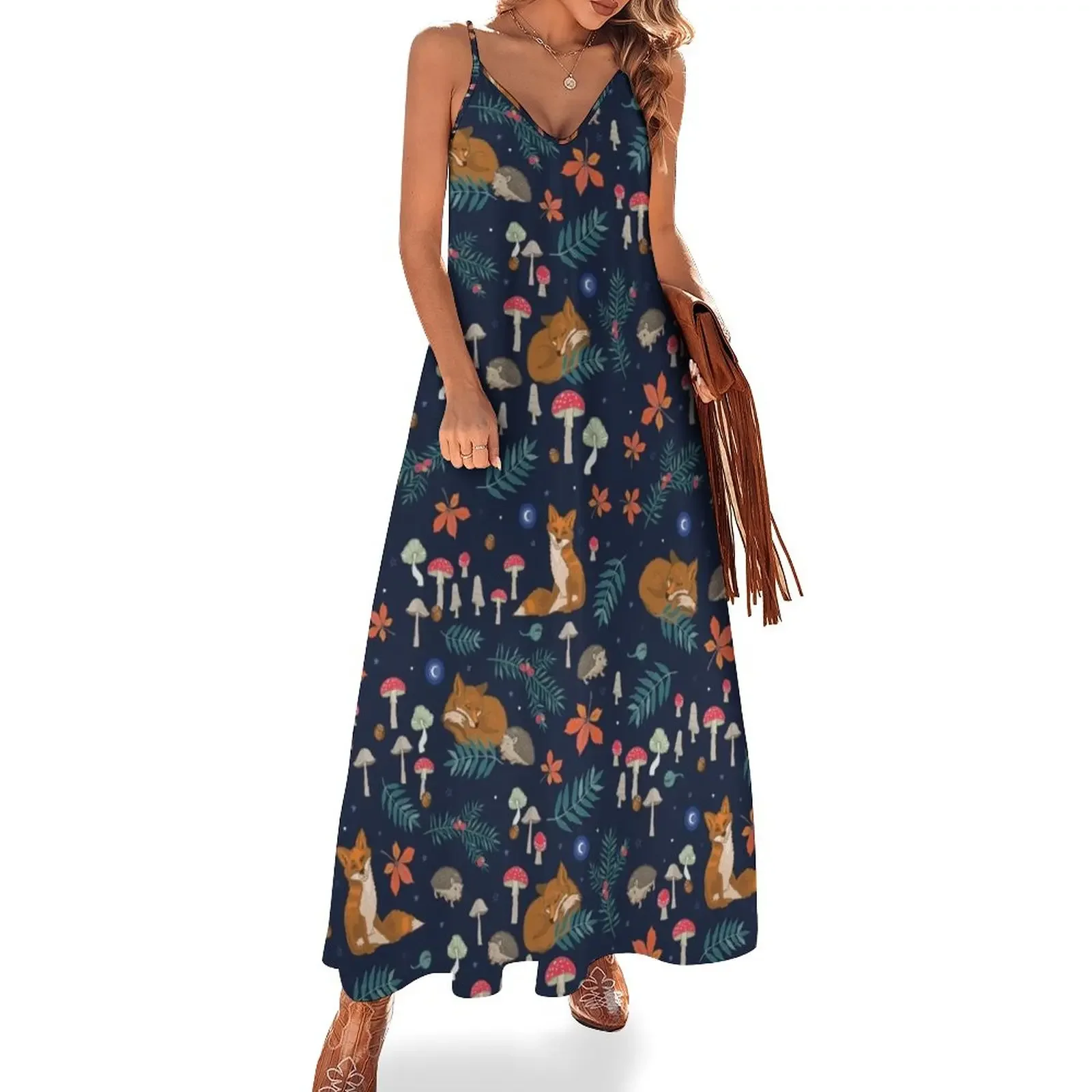 

Hibernation woodland animals and toadstools on blue Sleeveless Dress Cocktail of dresses sexy dress Women's summer dresses